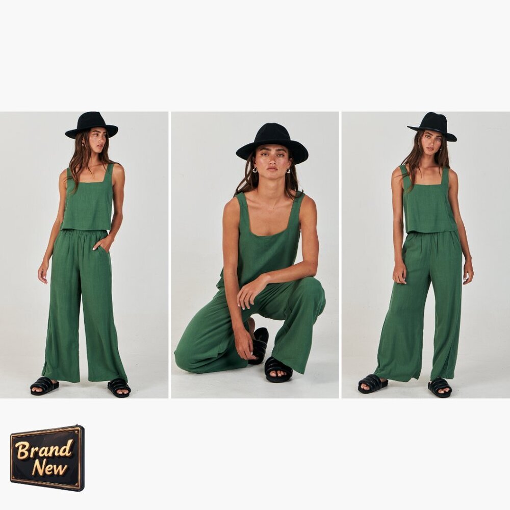 Linen Lounge Set with Wide Leg Pants and Crop Top, Size Medium - Picture 7 of 7